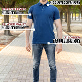 A head to toe shot of a tall athletic man in a park wearing a navy XL tall polo shirt and smiling.