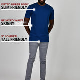 A head to toe shot of a tall slim guy in a studio and wearing a navy large tall slim t-shirt.