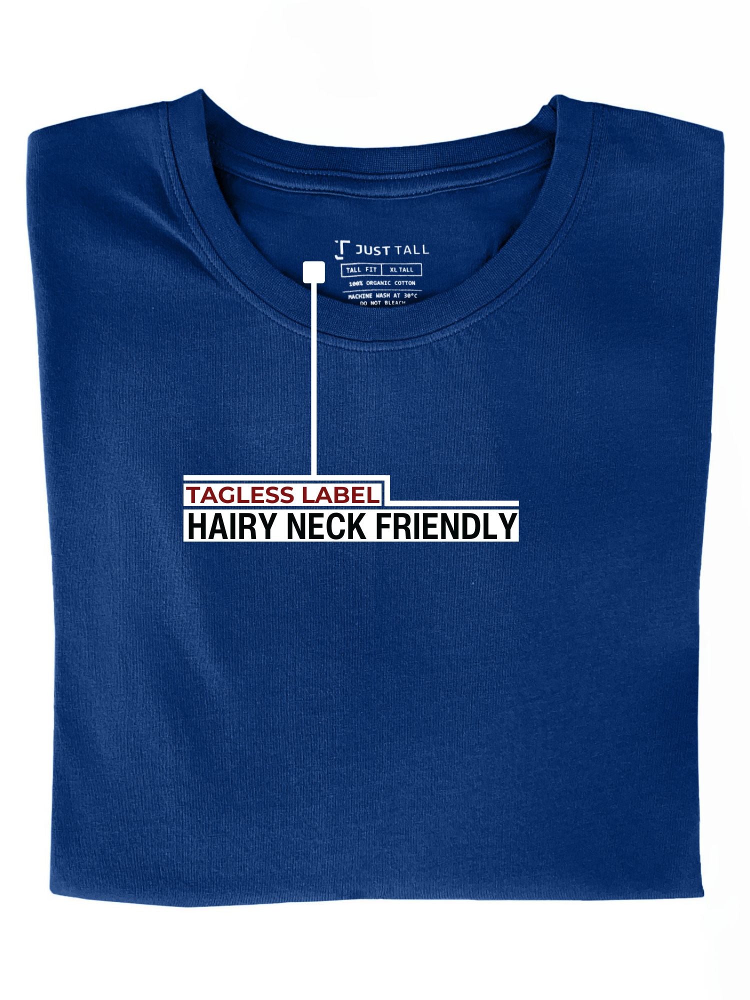 A folded navy large tall t-shirt showing the tagless label.