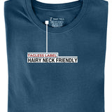 A folded petrol medium tall t-shirt showing the tagless label.