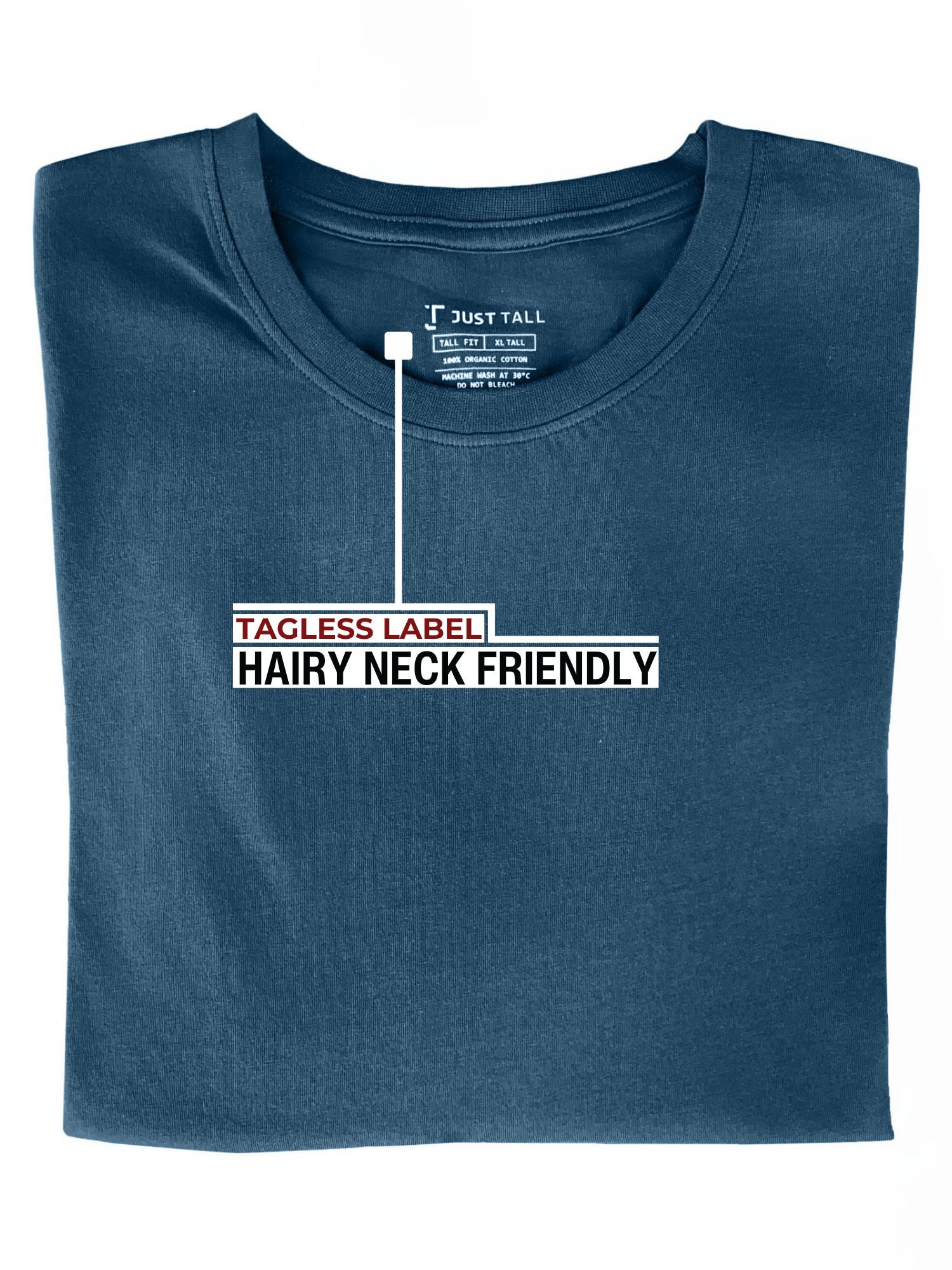A folded petrol medium tall t-shirt showing the tagless label.