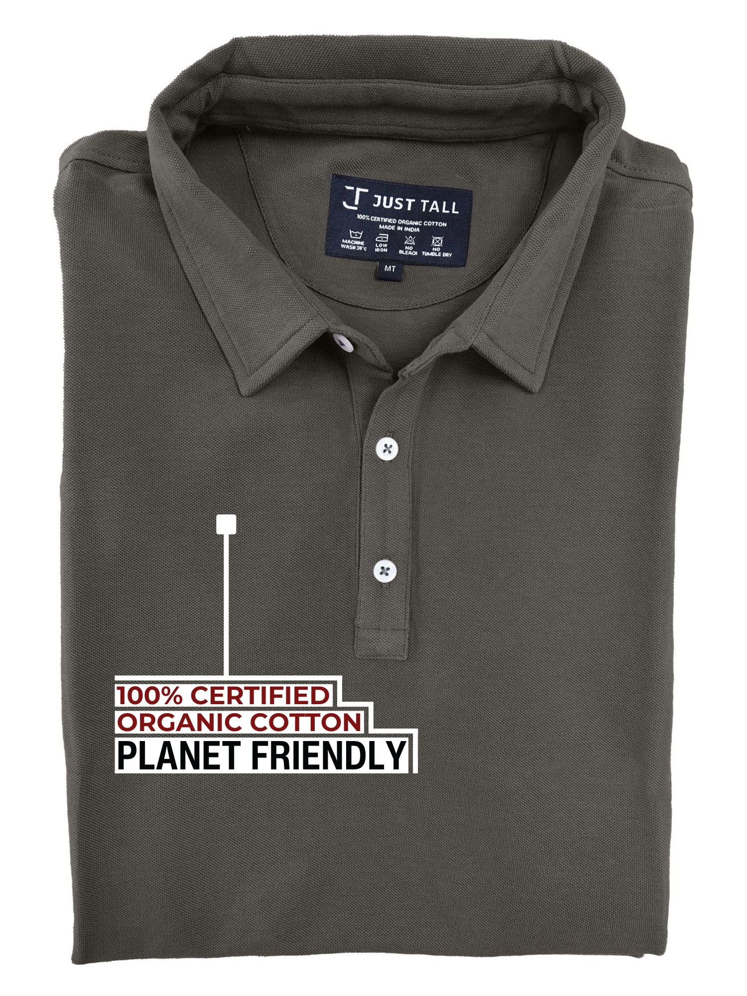 A close-up shot of a folded dark grey tall slim polo, 100% certified organic cotton.