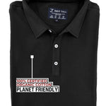 A close-up shot of a folded black tall slim polo, 100% certified organic cotton.