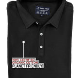 A close-up shot of a folded black tall slim polo, 100% certified organic cotton.