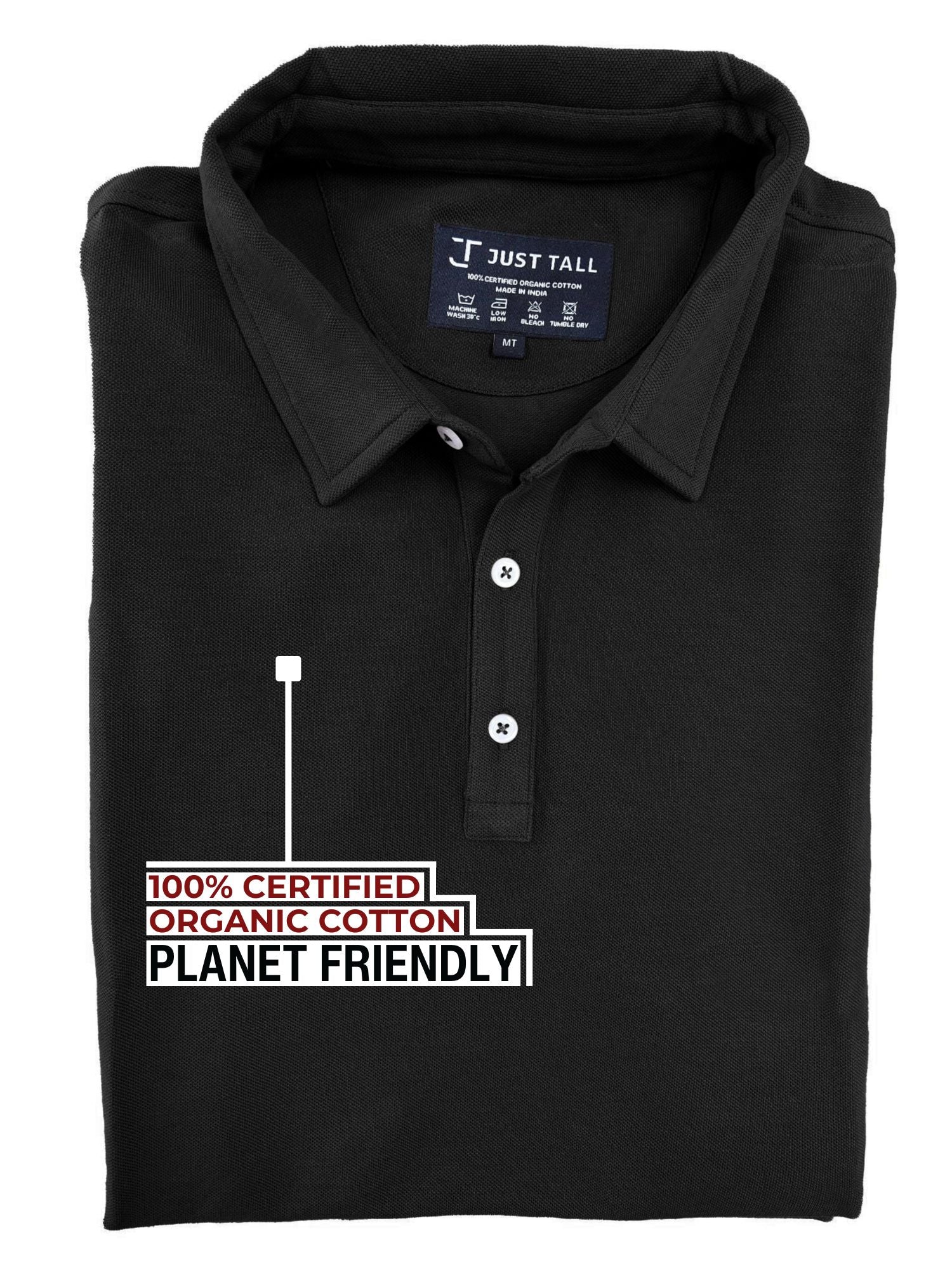 A close-up shot of a folded black tall slim polo, 100% certified organic cotton.