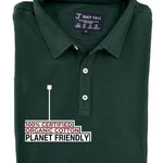 A close-up shot of a folded dark pine tall slim polo, 100% certified organic cotton.