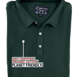 A close-up shot of a folded dark pine tall slim polo, 100% certified organic cotton.