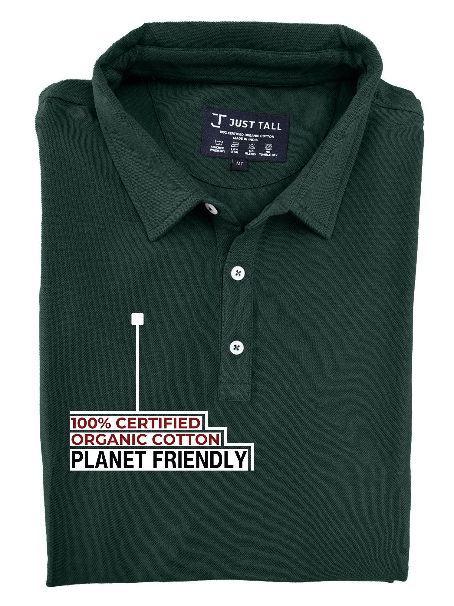 A close-up shot of a folded dark pine tall slim polo, 100% certified organic cotton.