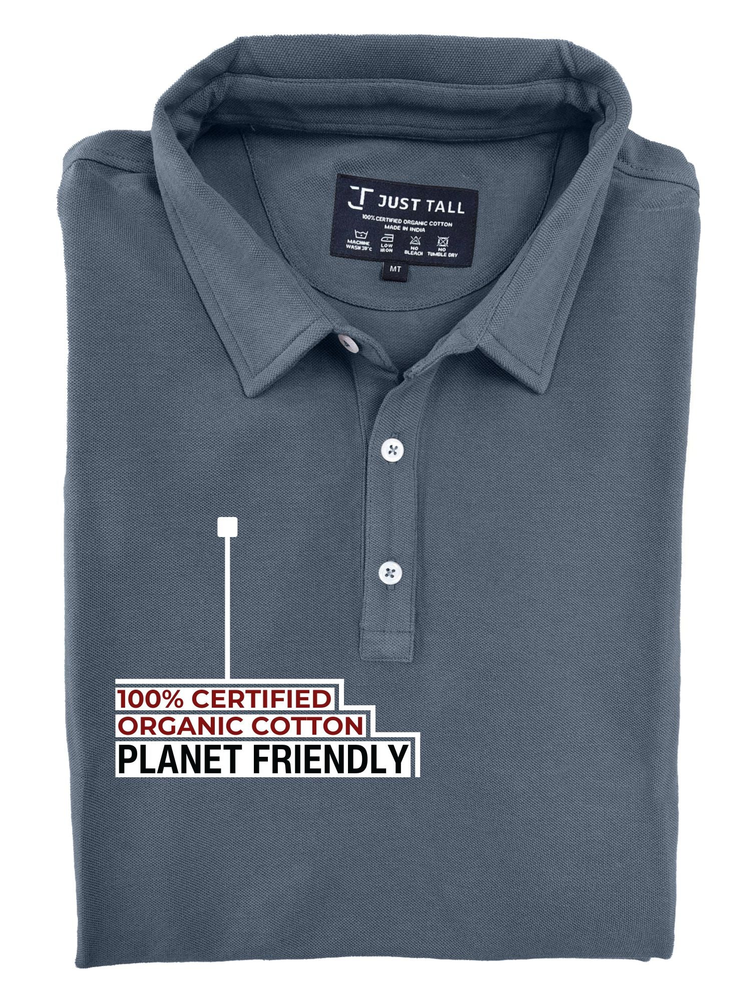 A close-up shot of a folded dark slate tall slim polo, 100% certified organic cotton.