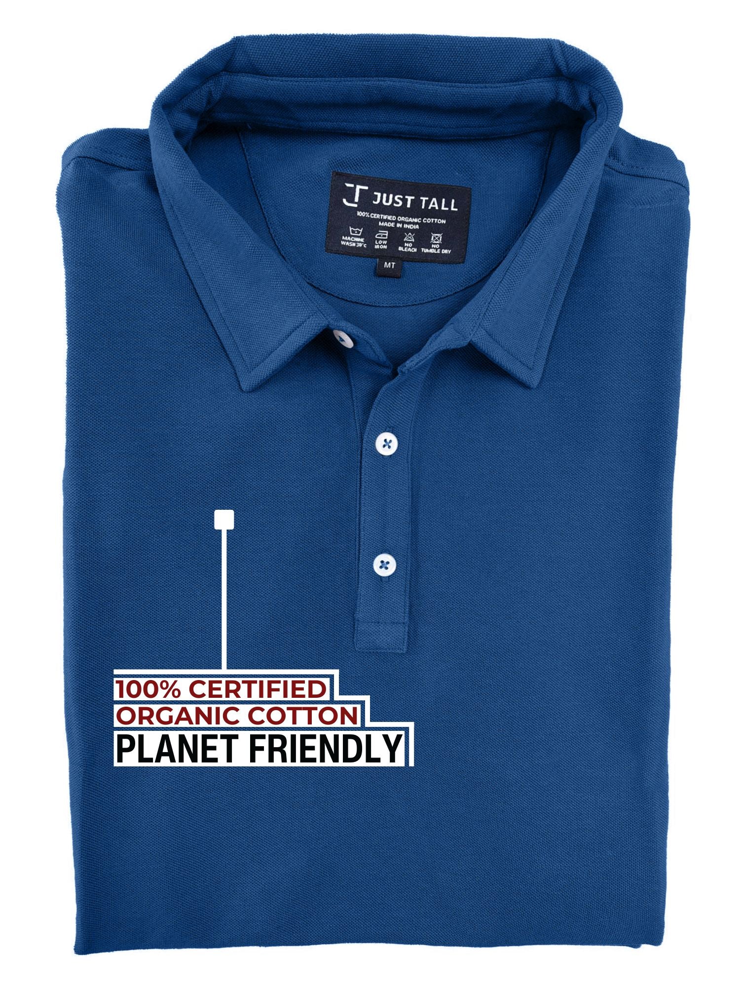 A close-up shot of a folded navy tall slim polo, 100% certified organic cotton.