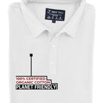 A close-up shot of a folded white tall slim polo, 100% certified organic cotton.