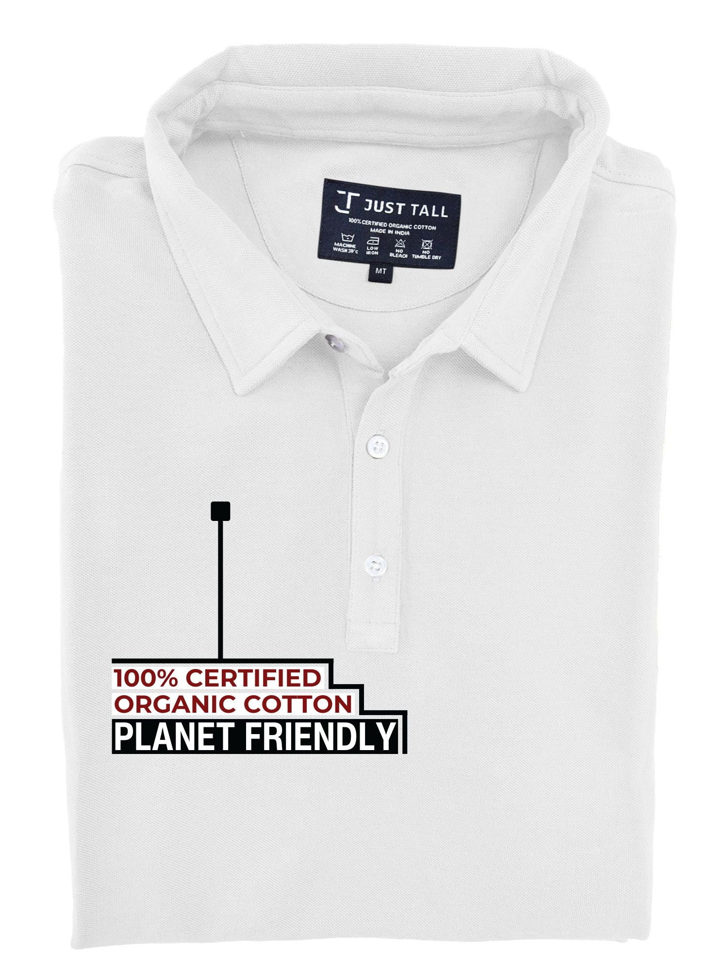 A close-up shot of a folded white tall slim polo, 100% certified organic cotton.