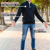 A head to toe shot of a tall athletic guy in a park wearing an XL tall extra long black quarter zip sweatshirt.
