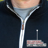 A close-up of the tall black quarter zip collar and the durable metal zipper.