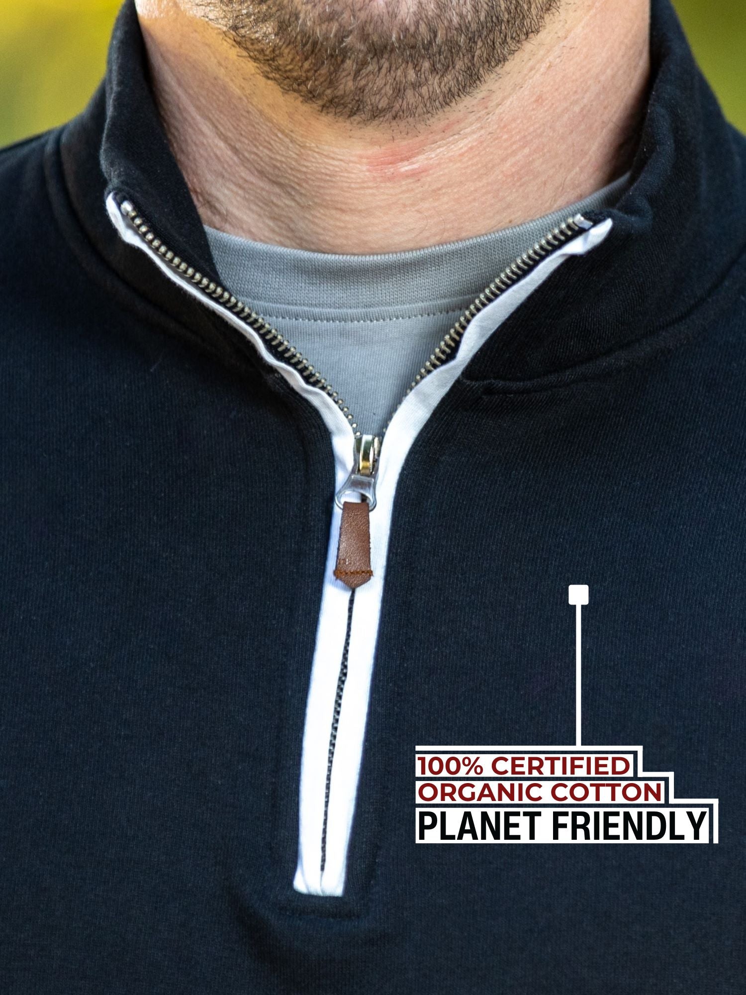 A close-up of the tall black quarter zip collar and the durable metal zipper.