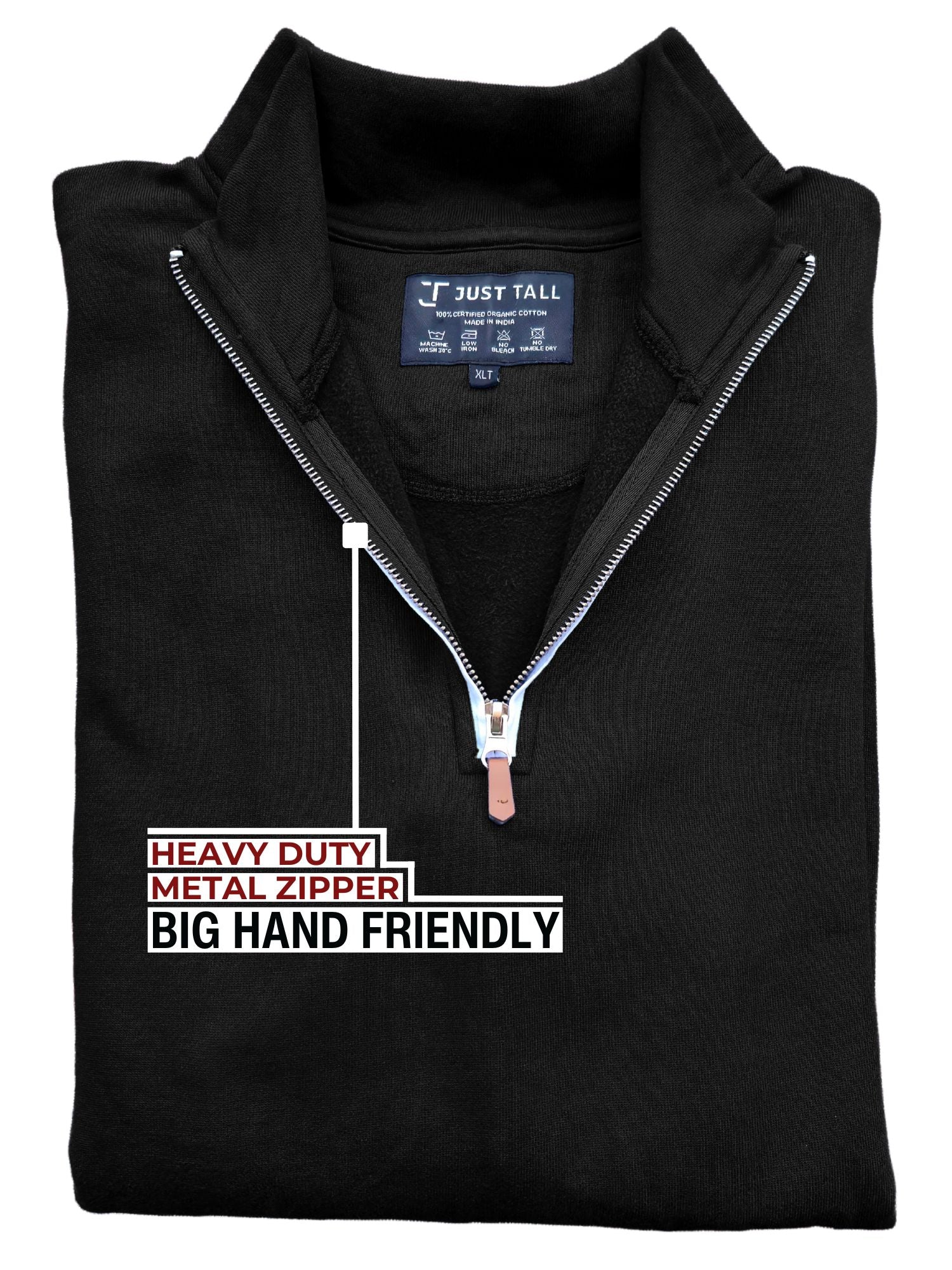 A close up of the tall black quarter zip sweatshirt's heavy duty metal zipper.