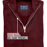 A close up of the tall cabernet quarter zip sweatshirt's heavy duty metal zipper.
