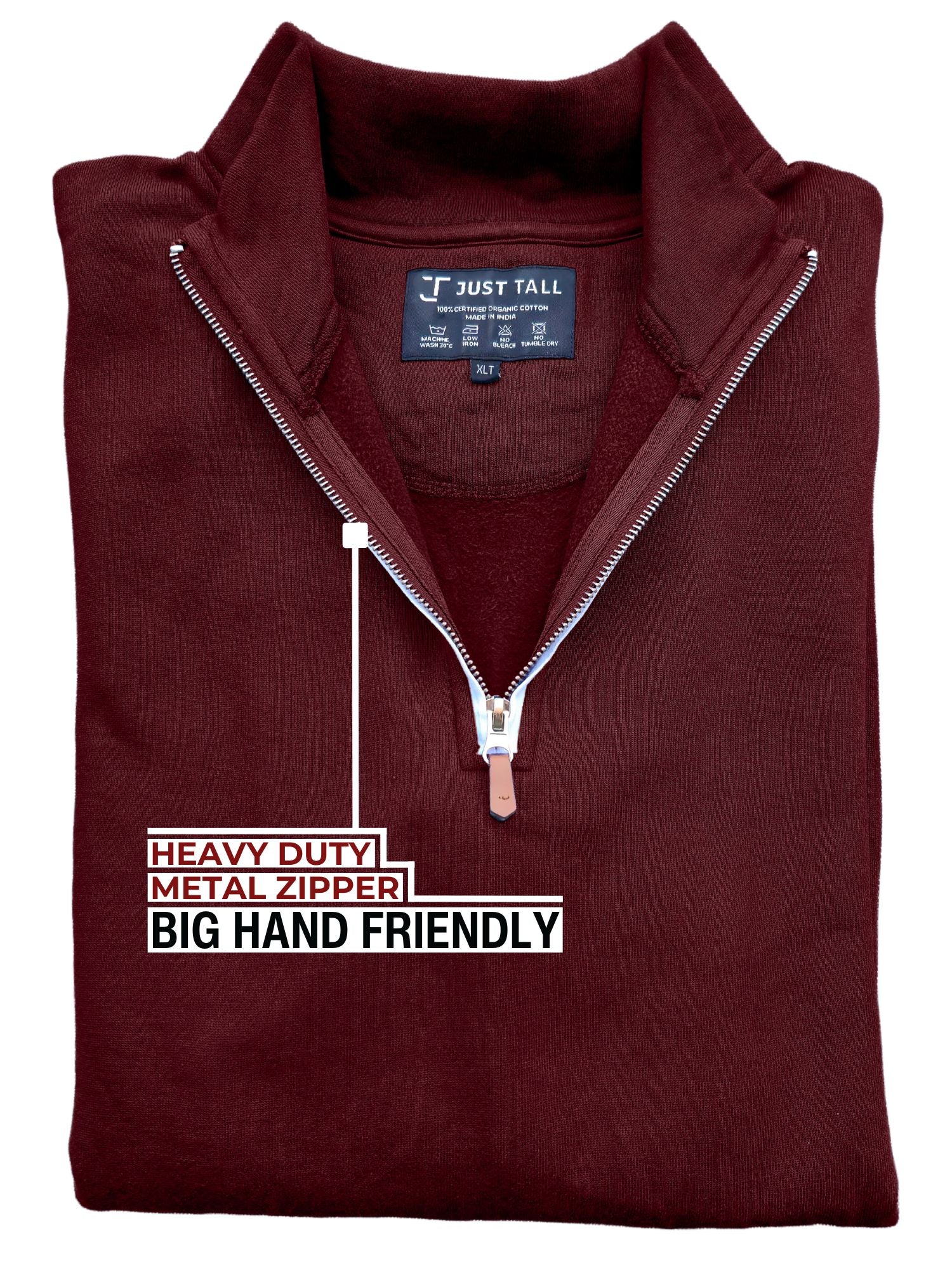 A close up of the tall cabernet quarter zip sweatshirt's heavy duty metal zipper.