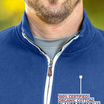 A close-up of the tall cobalt quarter zip collar and the durable metal zipper.