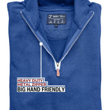 A close up of the tall cobalt quarter zip sweatshirt's heavy duty metal zipper.