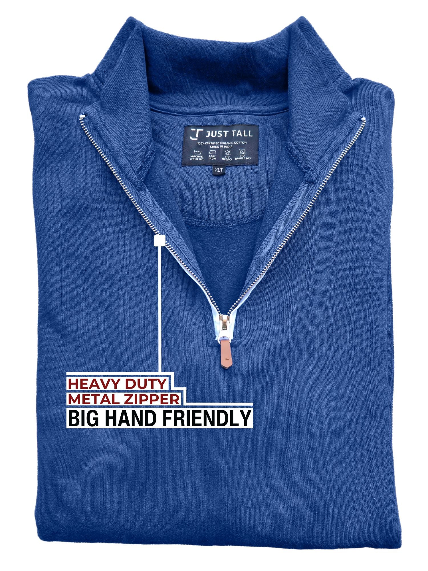 A close up of the tall cobalt quarter zip sweatshirt's heavy duty metal zipper.