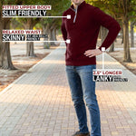 A head to toe shot of a tall athletic guy in a park wearing an XL tall extra long maroon quarter zip sweatshirt.