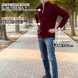 A head to toe shot of a tall athletic guy in a park wearing an XL tall extra long maroon quarter zip sweatshirt.