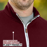 A close-up of the tall maroon quarter zip collar and the durable metal zipper.