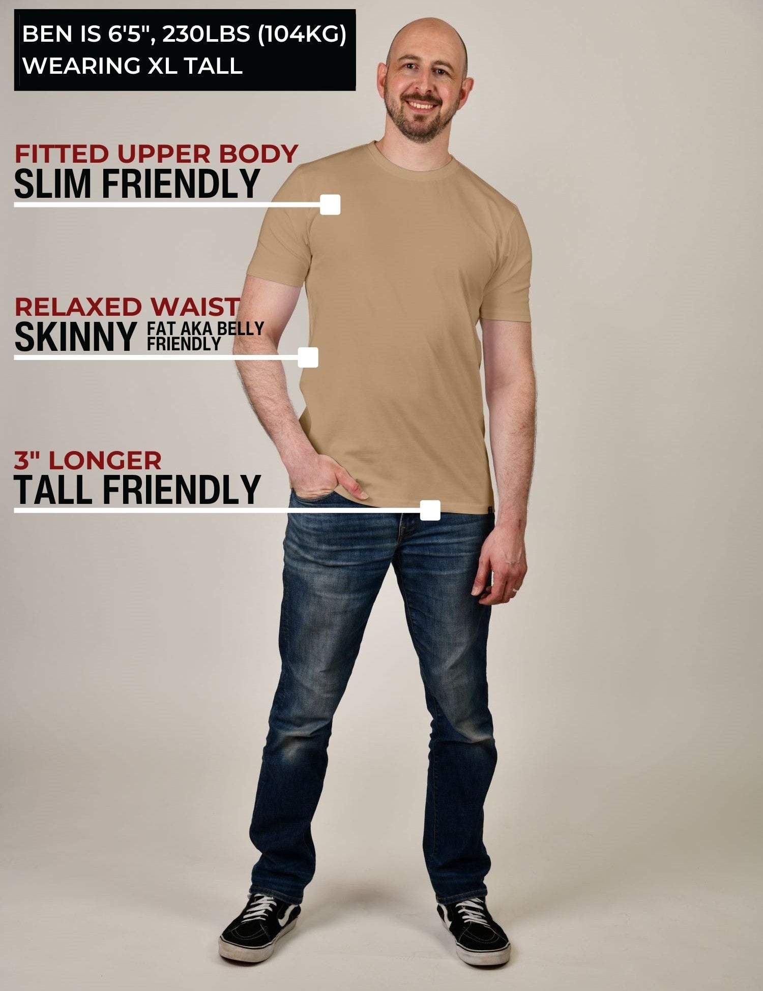 A head to toe shot of a tall slim guy in a studio and wearing a tan XL tall slim t-shirt.