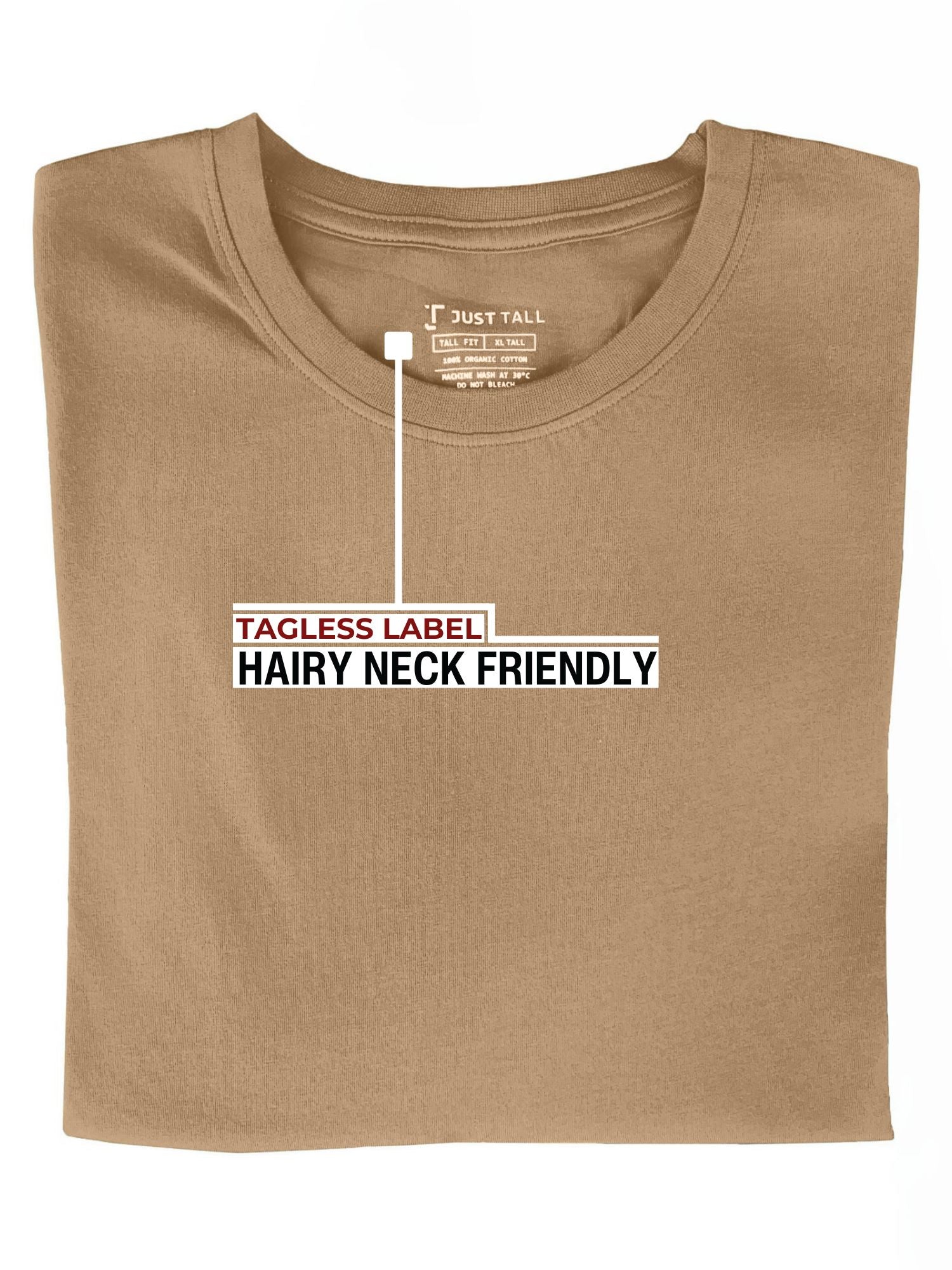 A folded tan XL tall t-shirt showing the tagless label.