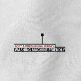 A close up of the white jersey fabric that is soft, preshrunk and washing machine friendly.