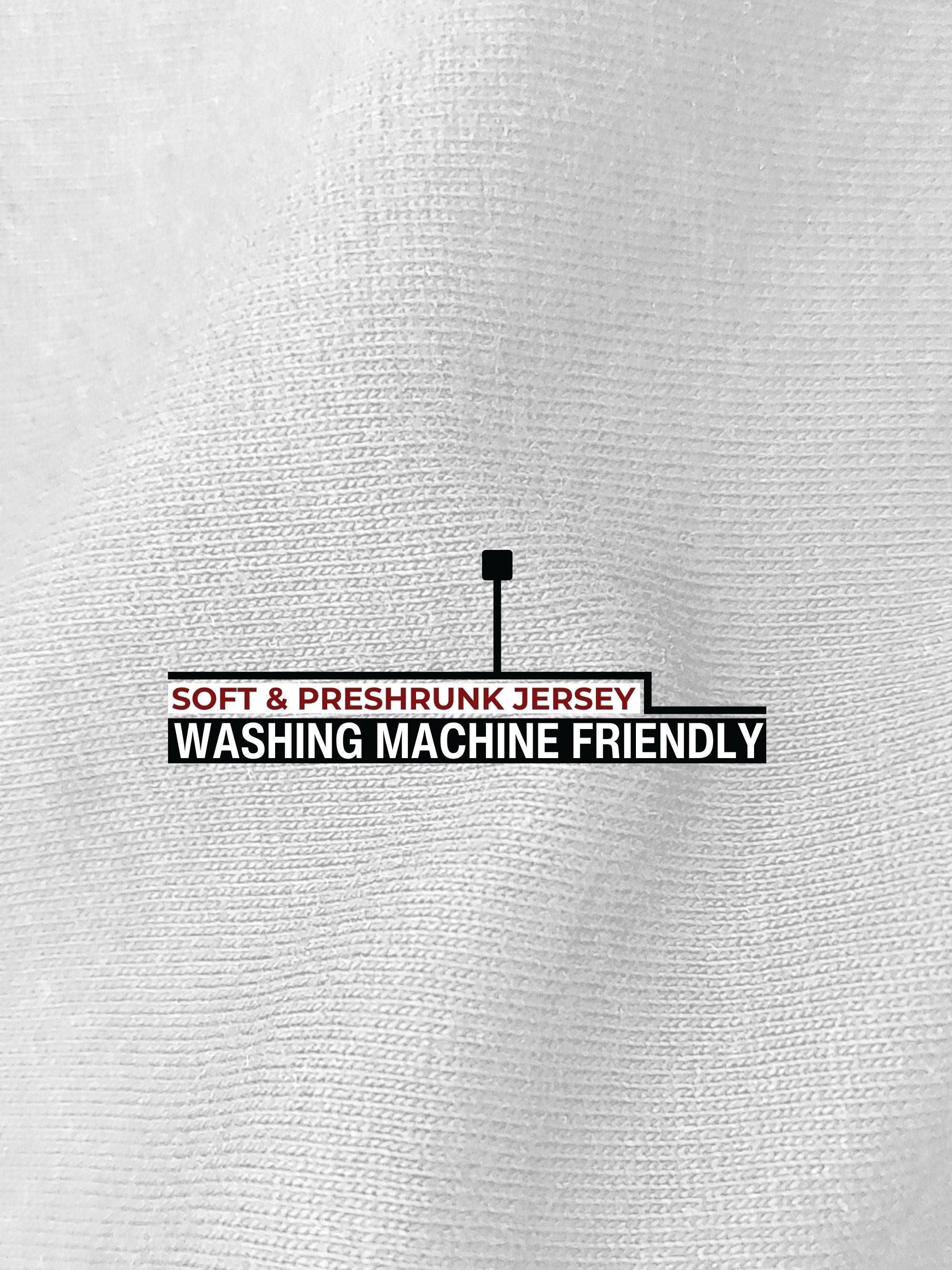 A close up of the white jersey fabric that is soft, preshrunk and washing machine friendly.