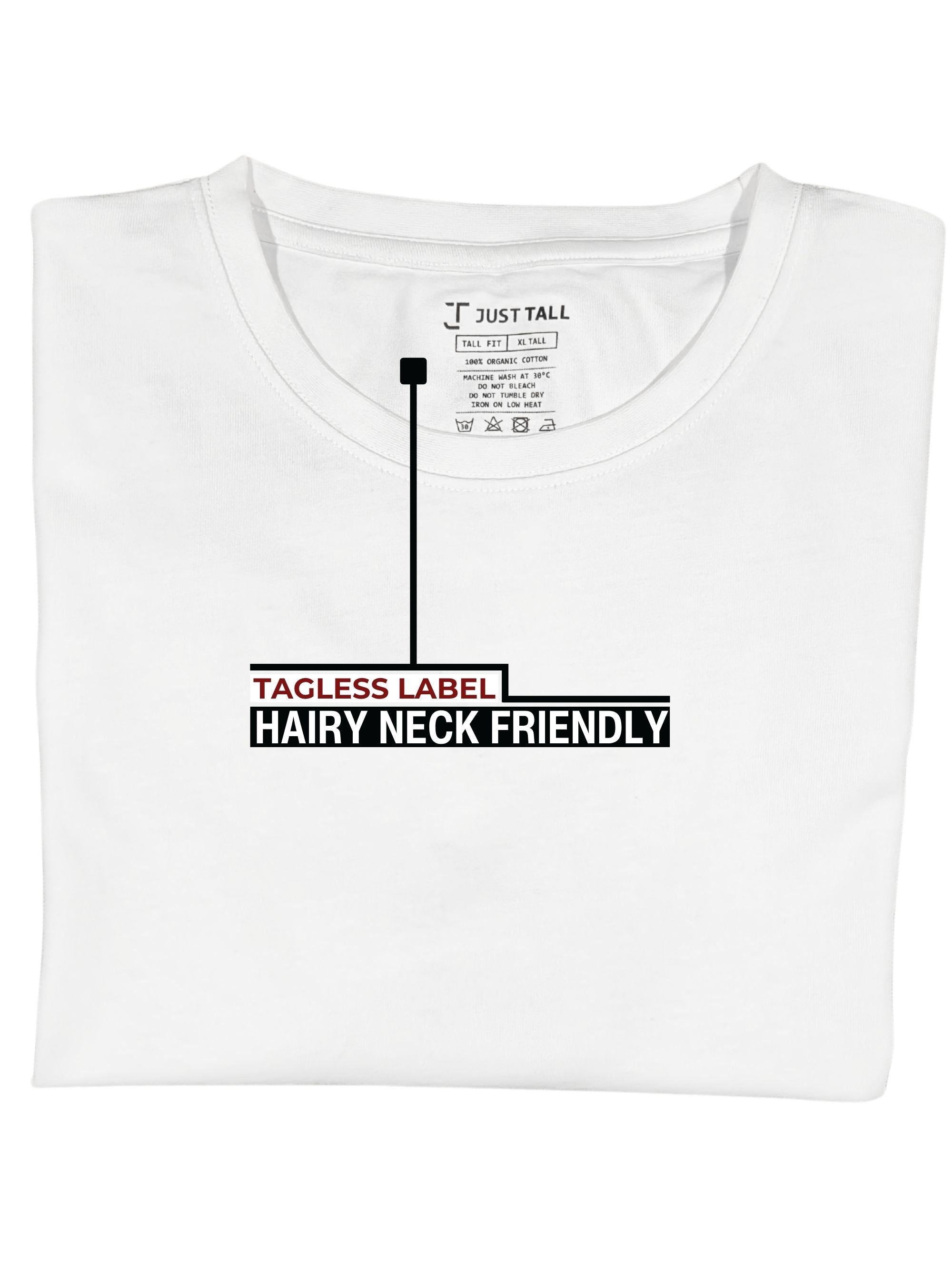 Close up of Just Tall's heavyweight white t-shirt.