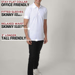 A head to toe shot of a tall slim man in a studio wearing a white medium tall polo shirt.