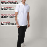 A head to toe shot of a tall slim man in a studio wearing a white medium tall polo shirt.