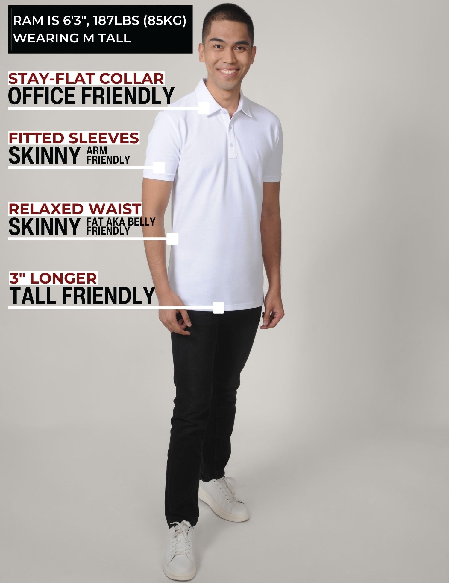 A head to toe shot of a tall slim man in a studio wearing a white medium tall polo shirt.