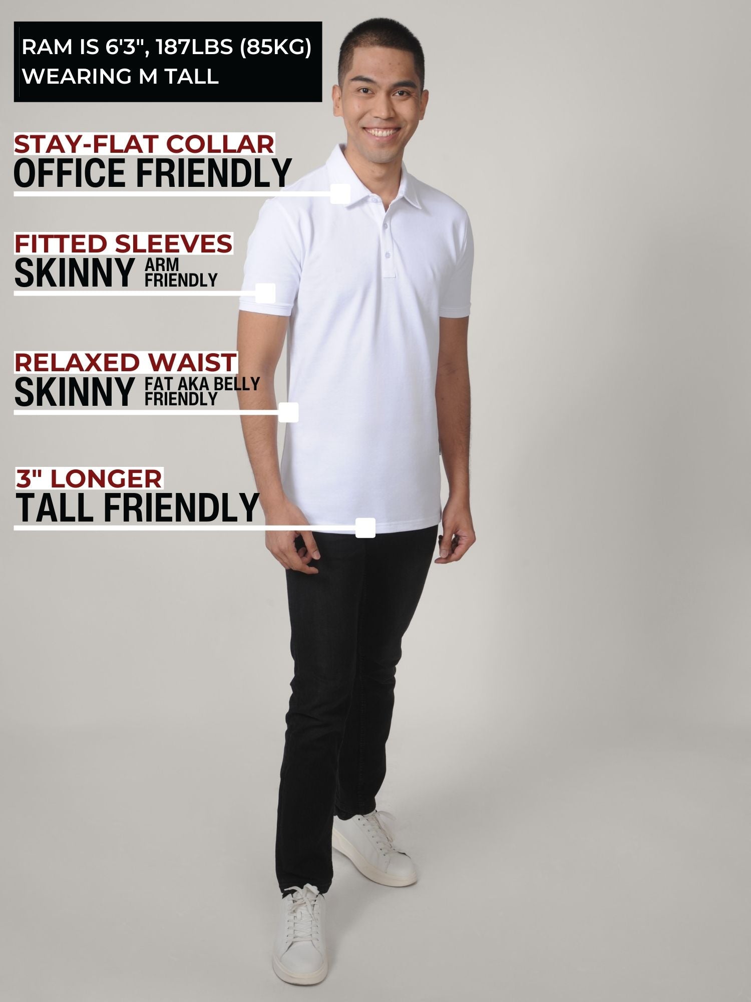 A head to toe shot of a tall slim man in a studio wearing a white medium tall polo shirt.
