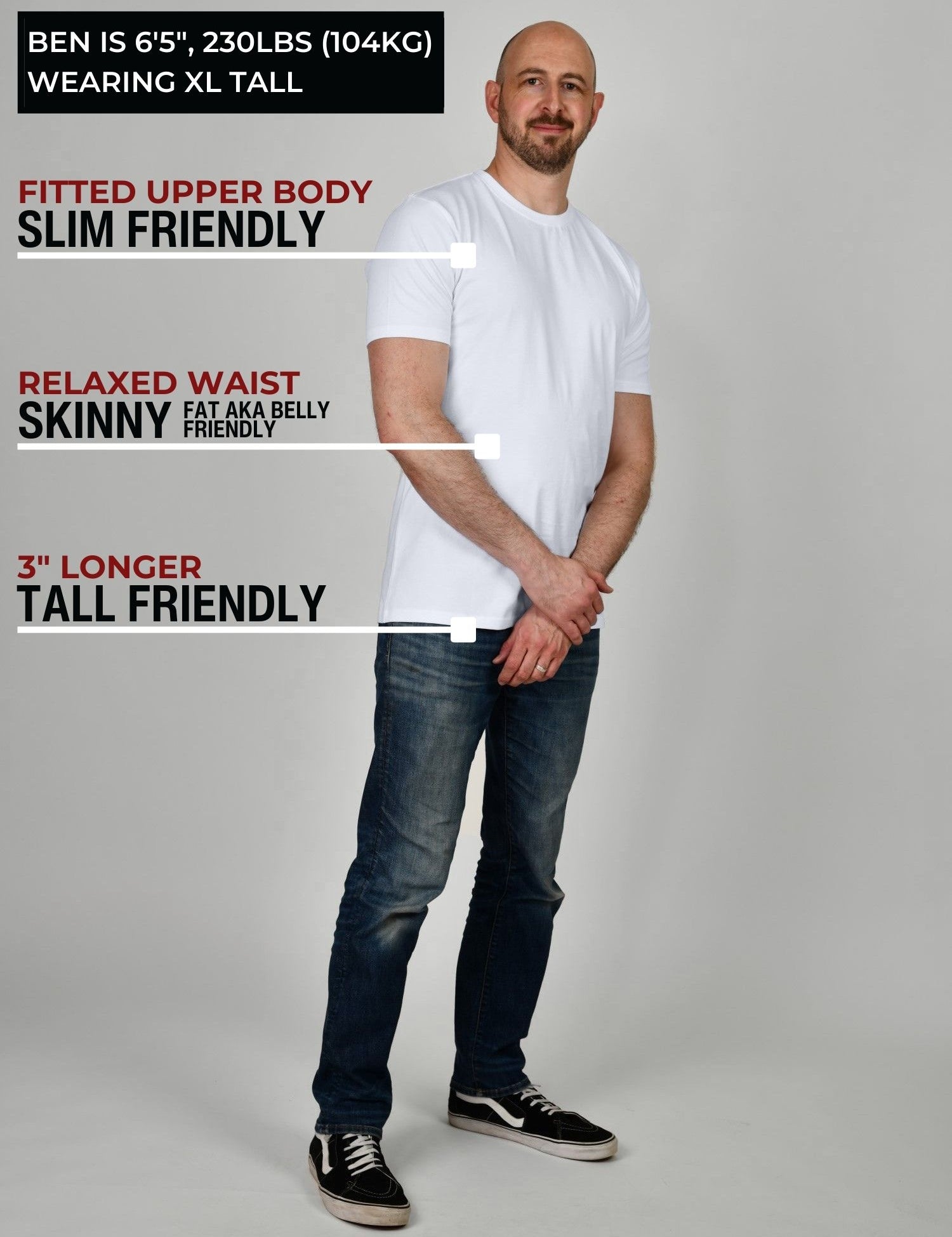 A head to toe shot of a tall muscular guy  in a studio and wearing a white XL tall t-shirt.