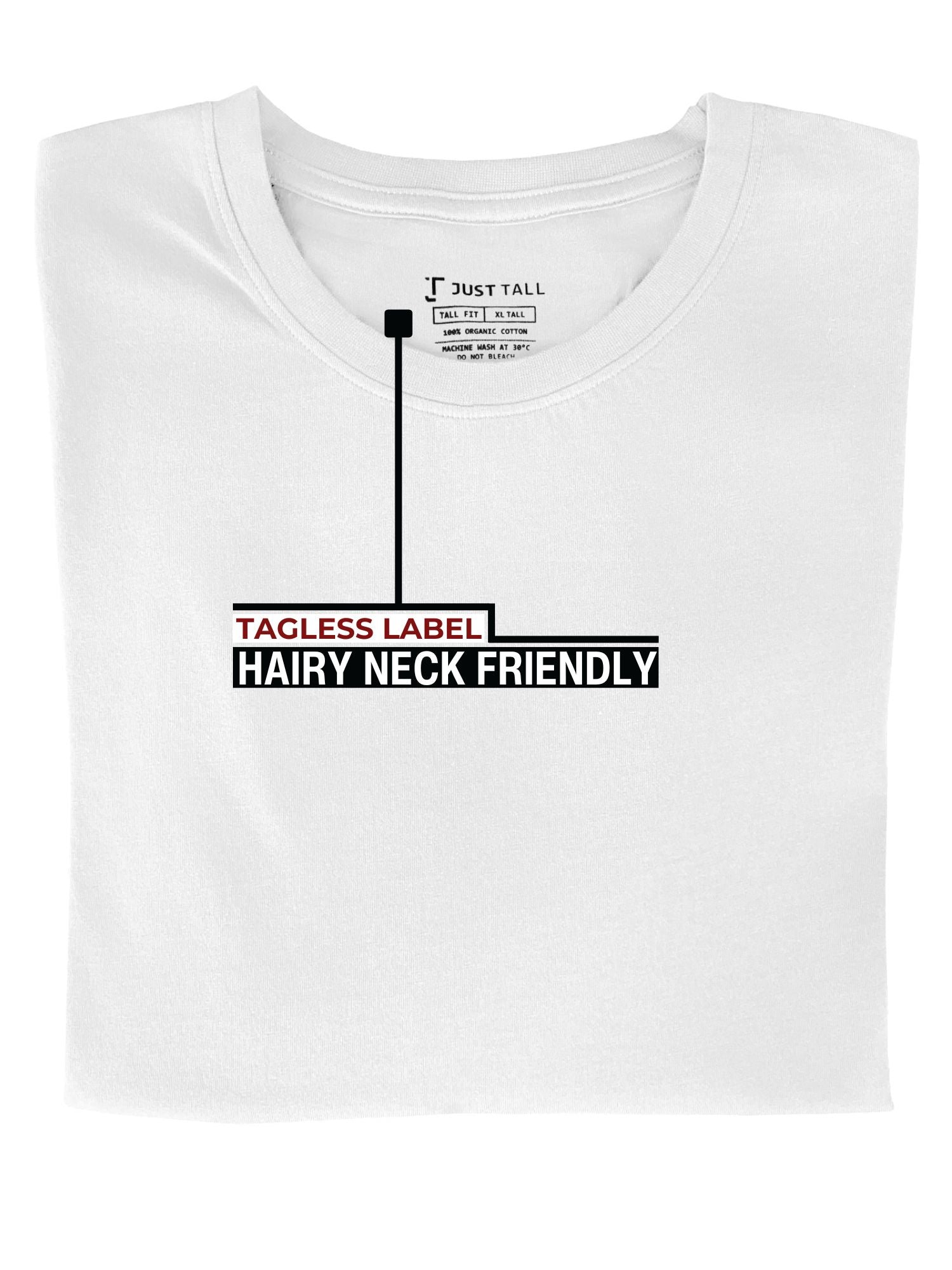 A folded white XL tall t-shirt showing the tagless label.