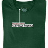 A folded dark green large tall t-shirt showing the tagless label.