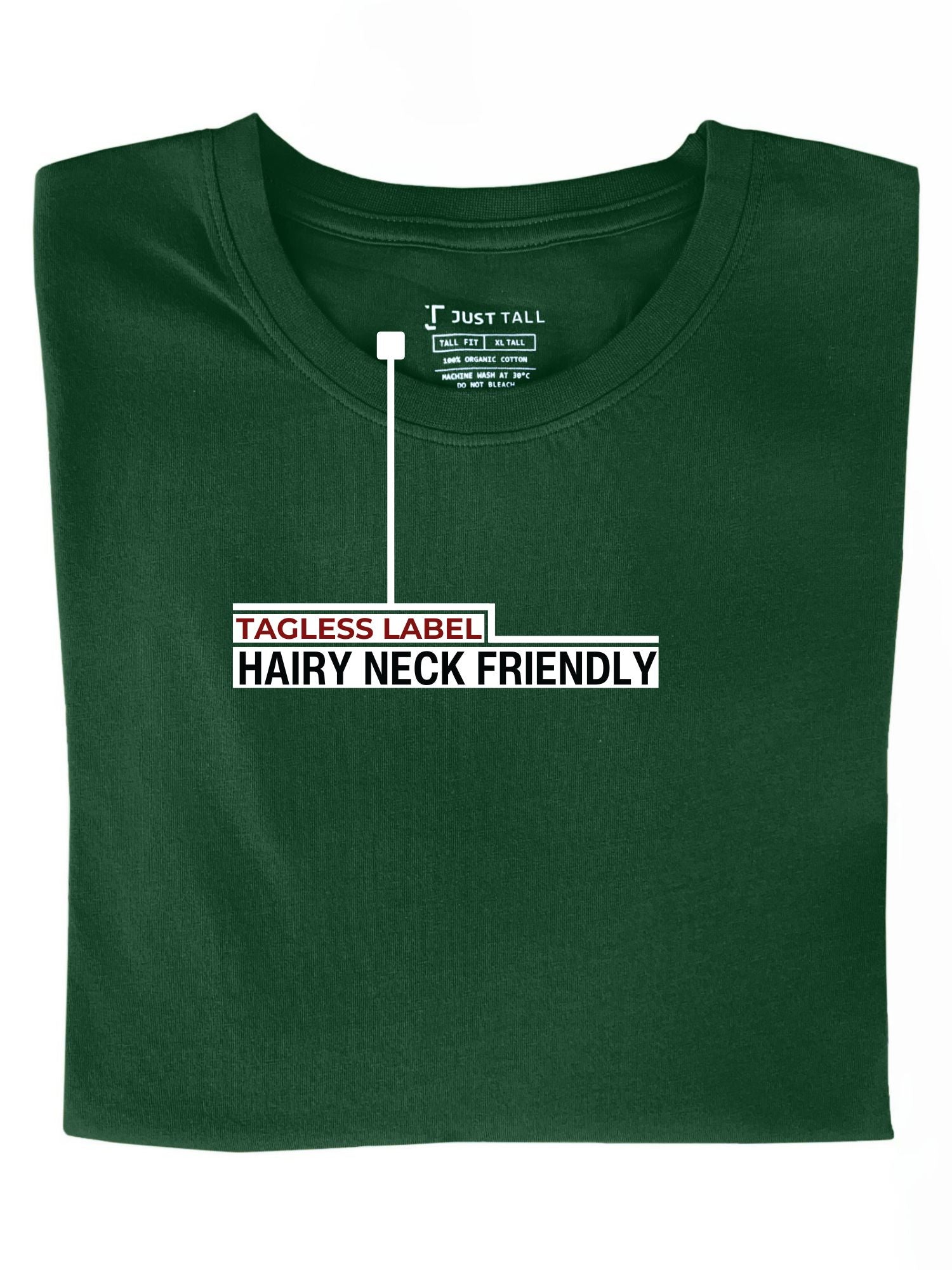 A folded dark green large tall t-shirt showing the tagless label.