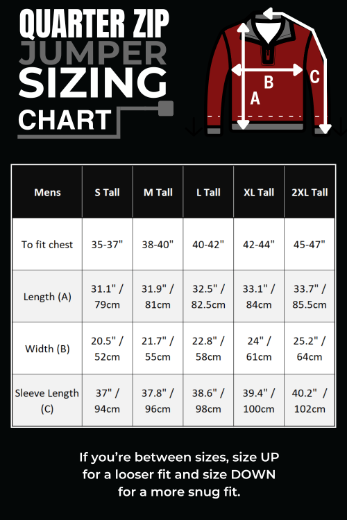 Size chart for our quarter zip jumpers.