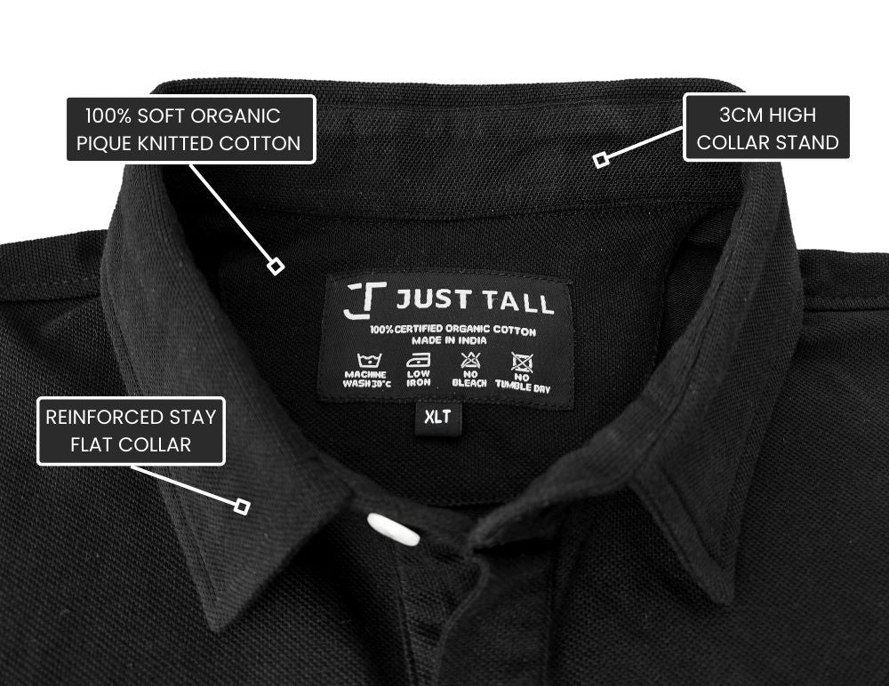 Top down view of a stay flat semi spread pique polo collar