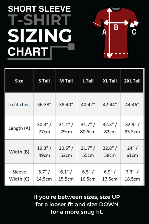 Size chart for short sleeve tall t-shirts.