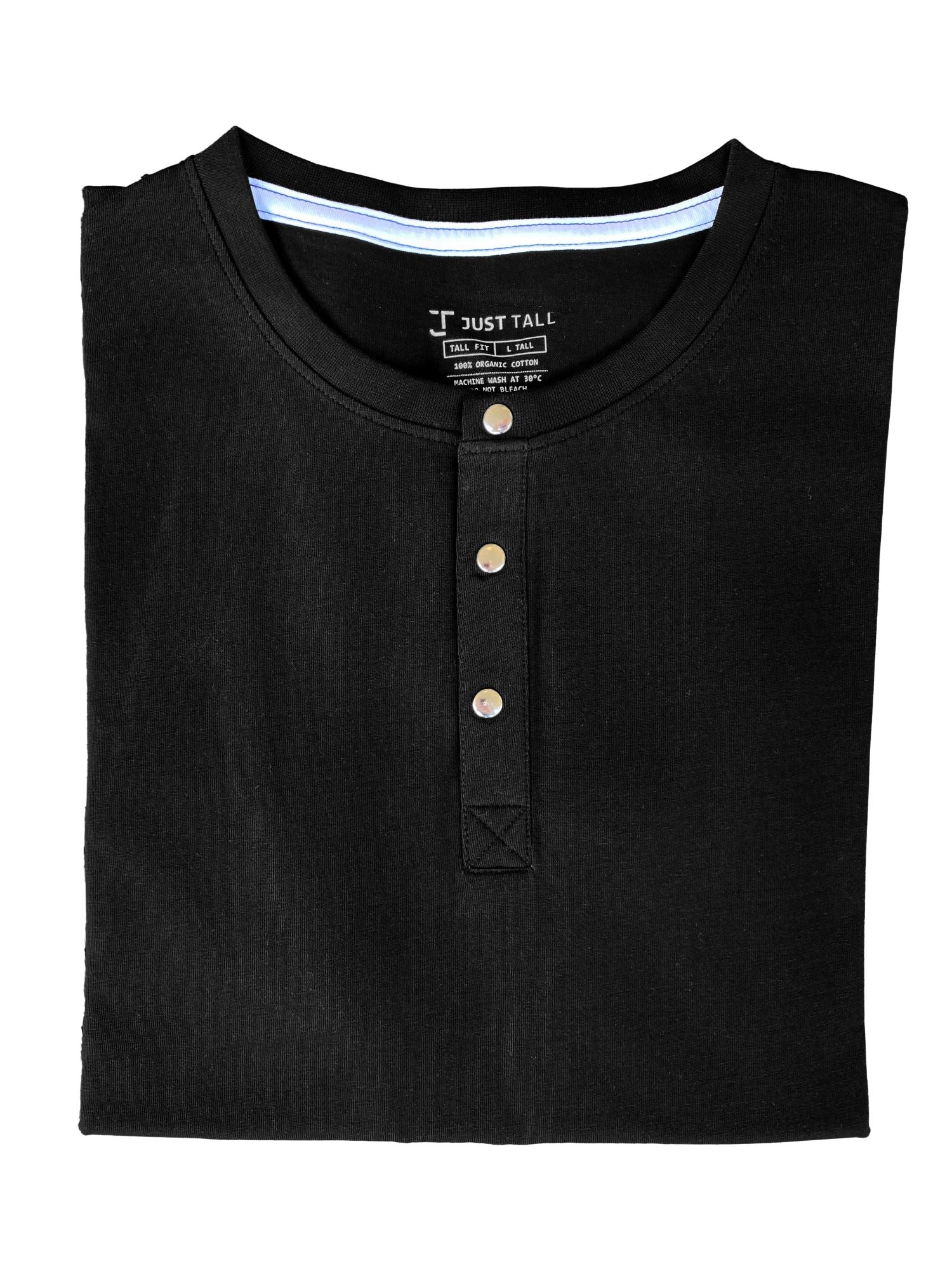 A close up of a tall black short sleeve henley shirt.