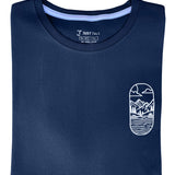 A close up of a tall navy graphic t-shirt.