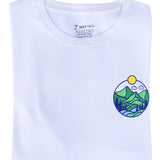 A close up of a tall white graphic t-shirt.