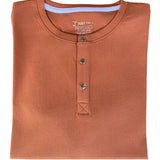 A close up of a tall brown short sleeve henley shirt.