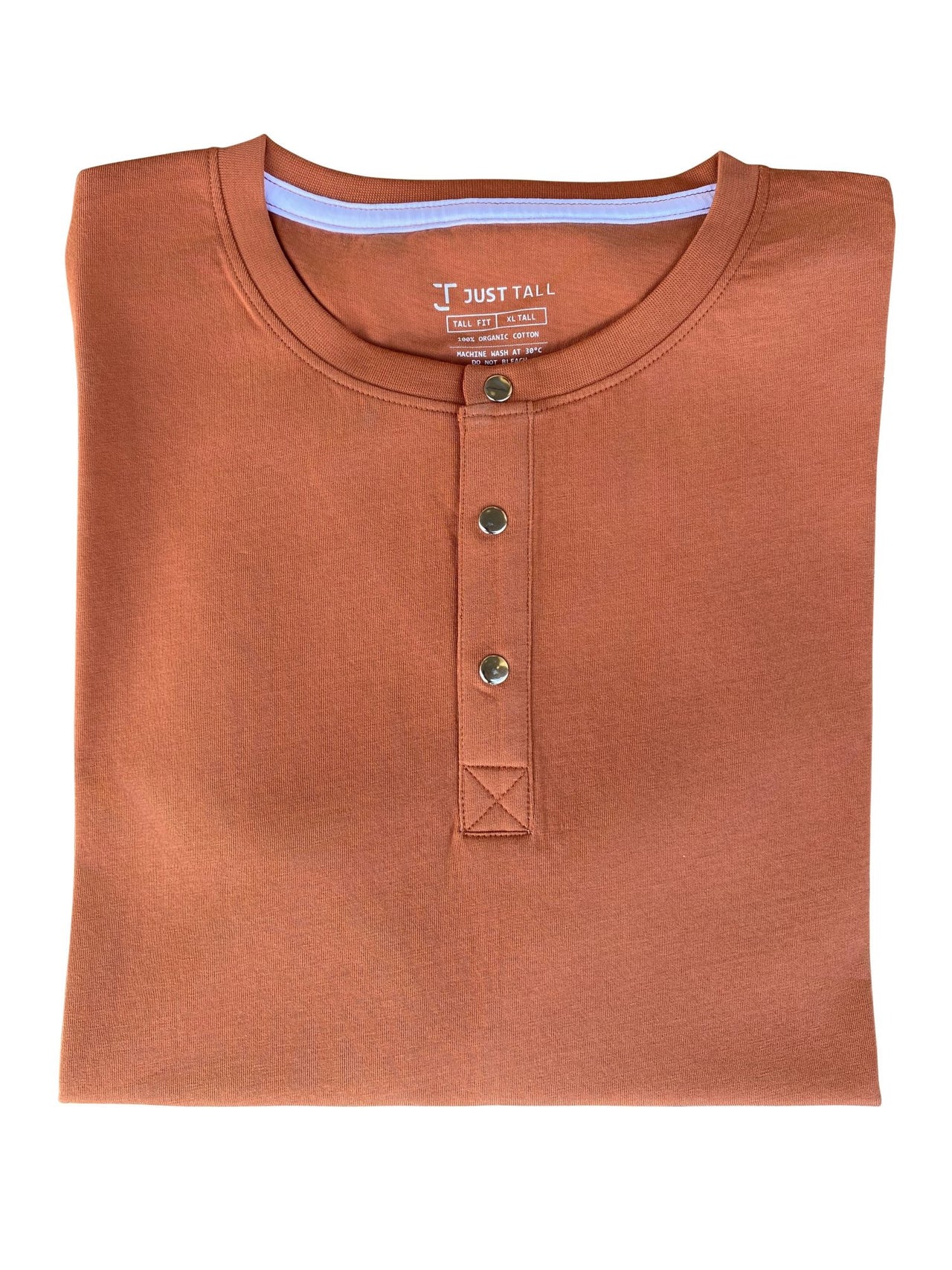 A close up of a tall brown short sleeve henley shirt.