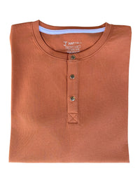 Thumbnail for A close up of a tall brown short sleeve henley shirt.